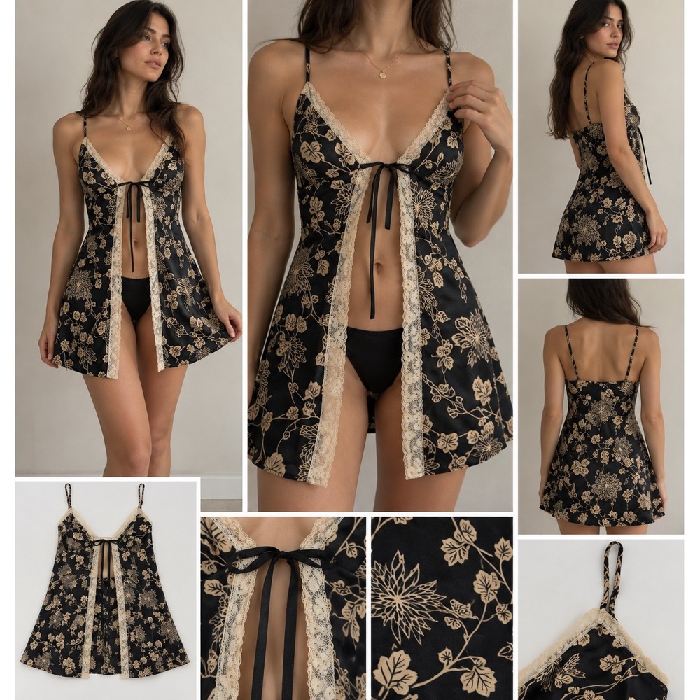 Y2K Victorias Secret Black Gold Floral Lace Trim Babydoll Top size Medium